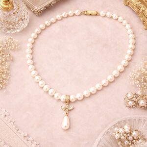 Vintage Faux Pearl Necklace 16" Rhinestone Pearl Drop Enhancer